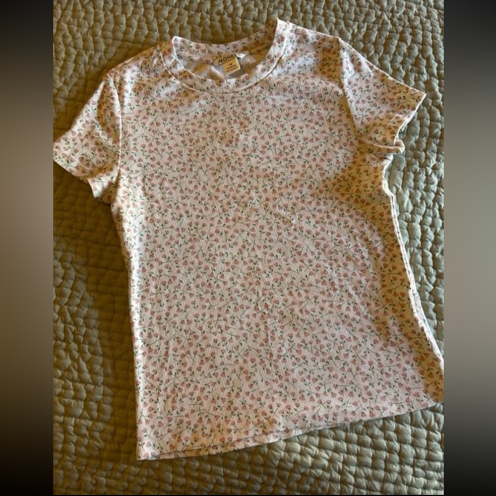 Monki Pink Floral Rose Tulip Women’s Ribbed Baby Tee
